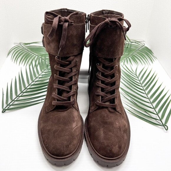 Vince Camuto Fawdry Chocolate Brown Suede Lace Up Combat Ankle Boots 8.5M NWOB - Picture 2 of 11